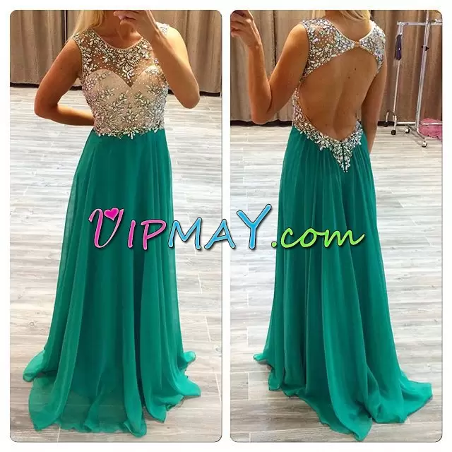 Beading and Lace Junior Homecoming Dress Green Backless Sleeveless Floor Length Sweep Train