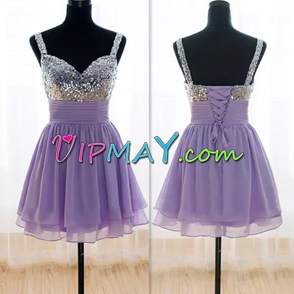 Extravagant Purple Empire Sequins and Ruching Prom Dresses Lace Up Chiffon Sleeveless Knee Length