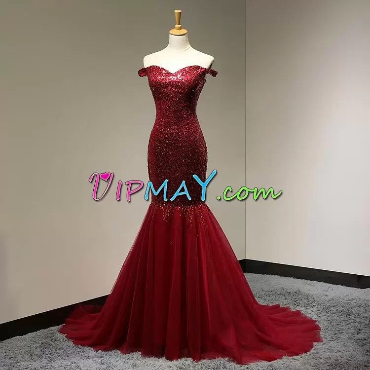 Red Off The Shoulder Sequins Evening Wear Tulle Sleeveless Court Train