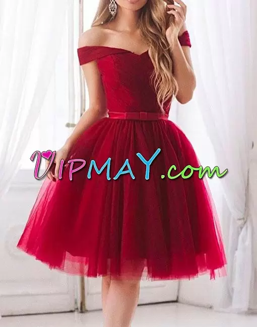 Clearance Knee Length Red Tulle Sleeveless Belt Prom Dress