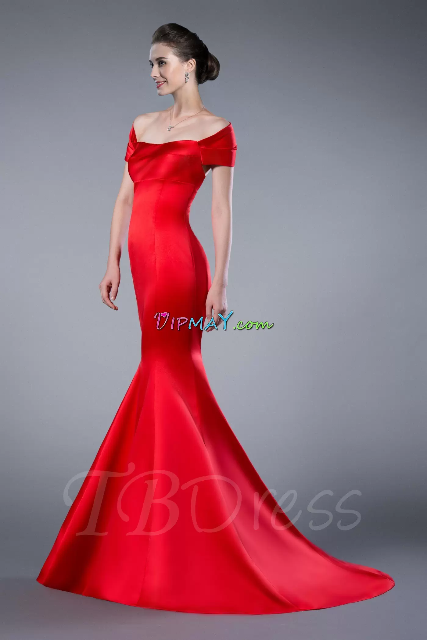 Red Mermaid Off The Shoulder Sleeveless Satin Brush Train Zipper Ruching Prom Homecoming Dress