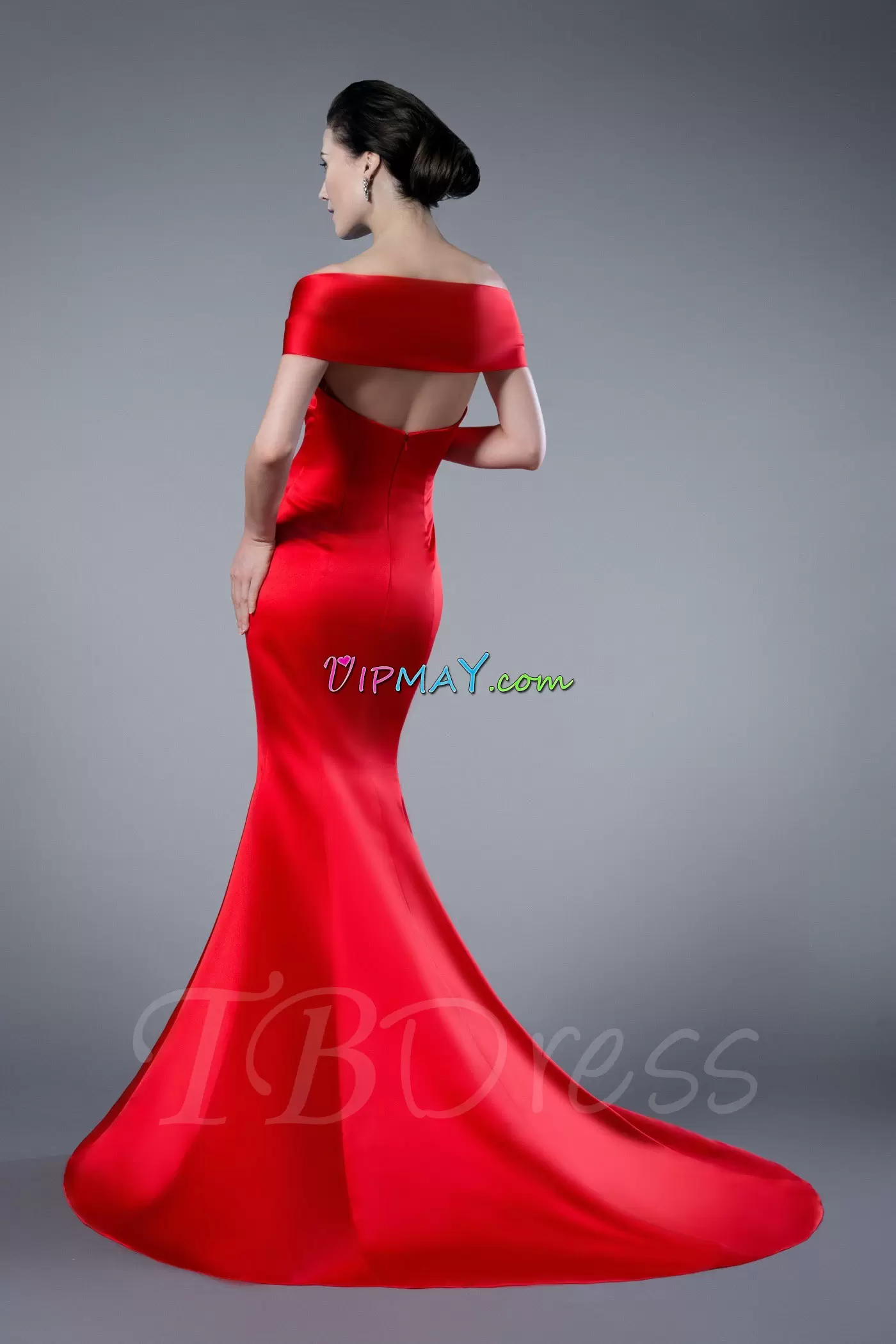 Red Mermaid Off The Shoulder Sleeveless Satin Brush Train Zipper Ruching Prom Homecoming Dress