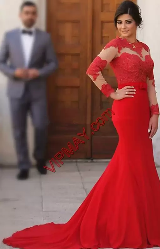 Floor Length Red Homecoming Dress Satin and Chiffon Long Sleeves Beading and Lace