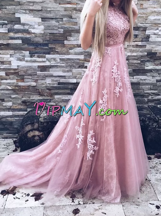 Custom Designed Scoop Sleeveless Tulle Prom Dresses Lace and Appliques Brush Train Backless