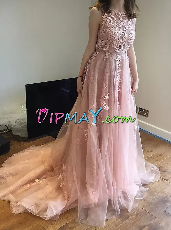 Custom Designed Scoop Sleeveless Tulle Prom Dresses Lace and Appliques Brush Train Backless