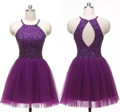 Romantic Sleeveless Tulle Mini Length Backless Prom Dress in Purple with Beading