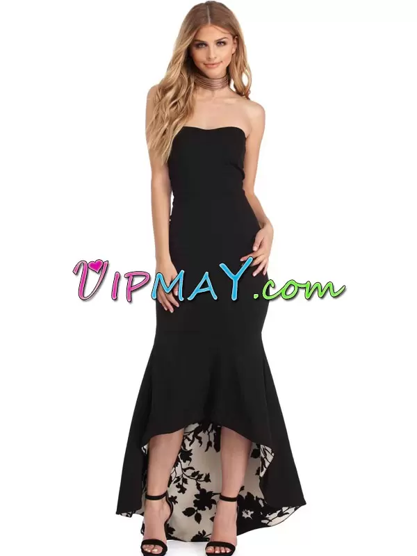 Black Satin Zipper Strapless Sleeveless High Low Homecoming Gowns Ruching