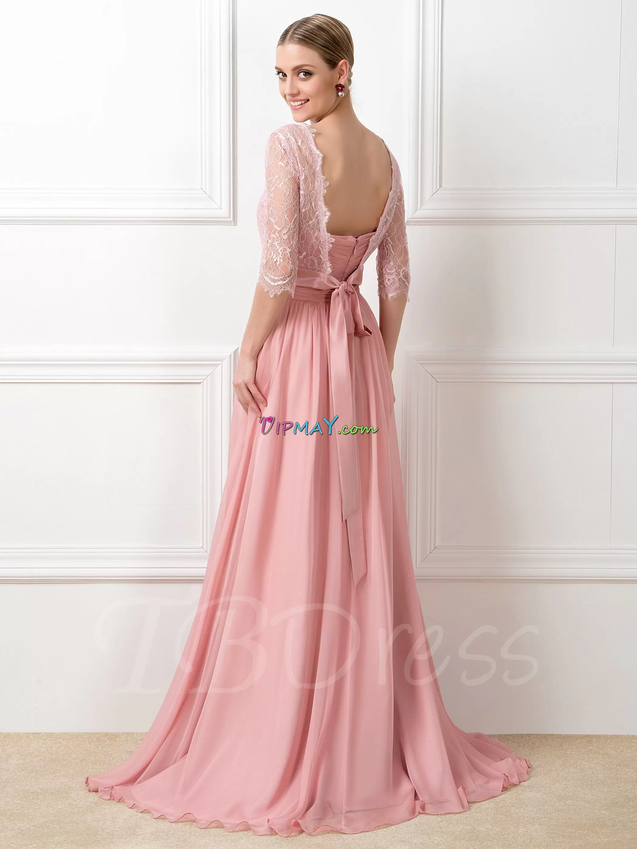 Adorable Scalloped Half Sleeves Homecoming Dress Brush Train Lace and Appliques Pink Chiffon