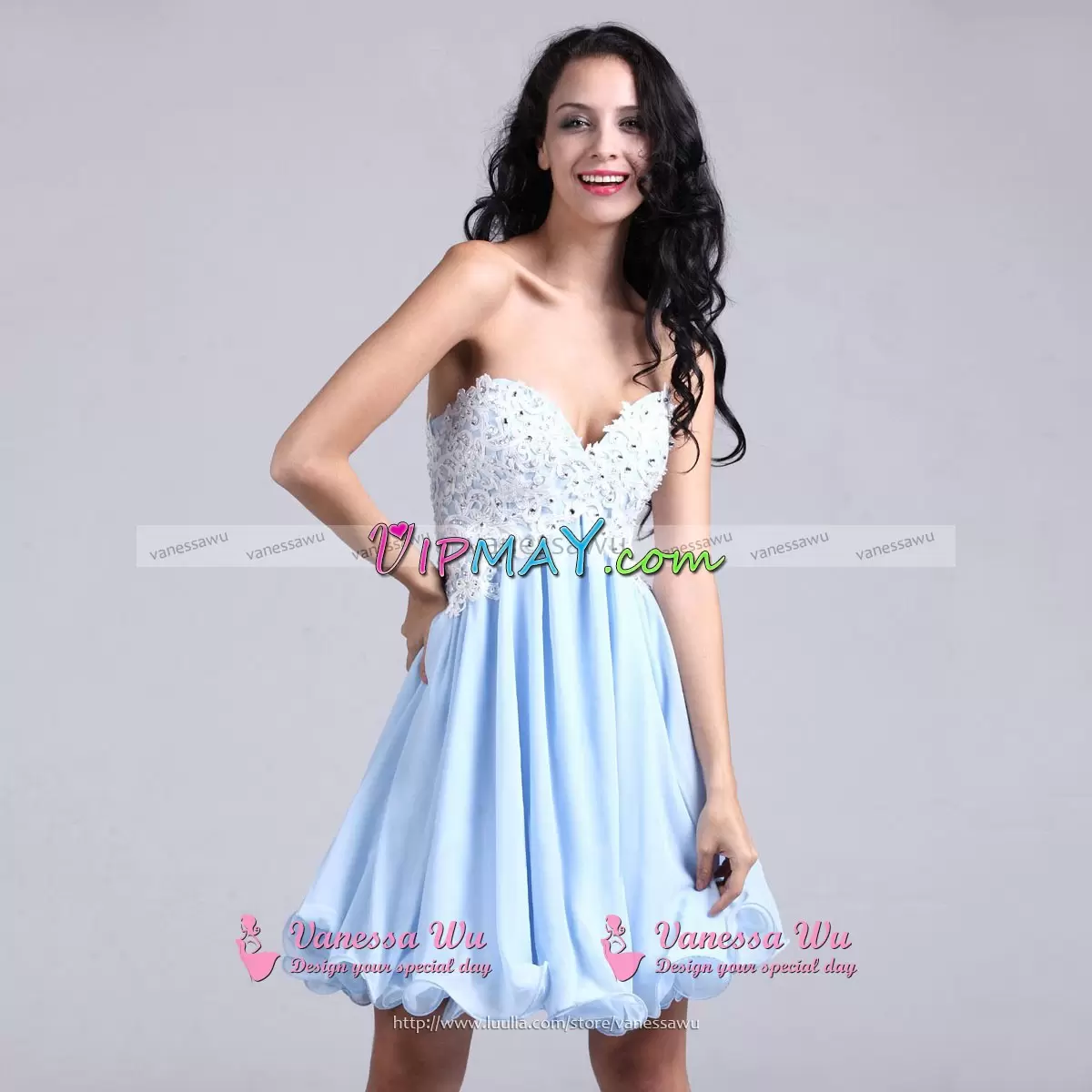 Beauteous Light Blue Sleeveless Mini Length Beading and Appliques Lace Up Prom Dress Sweetheart
