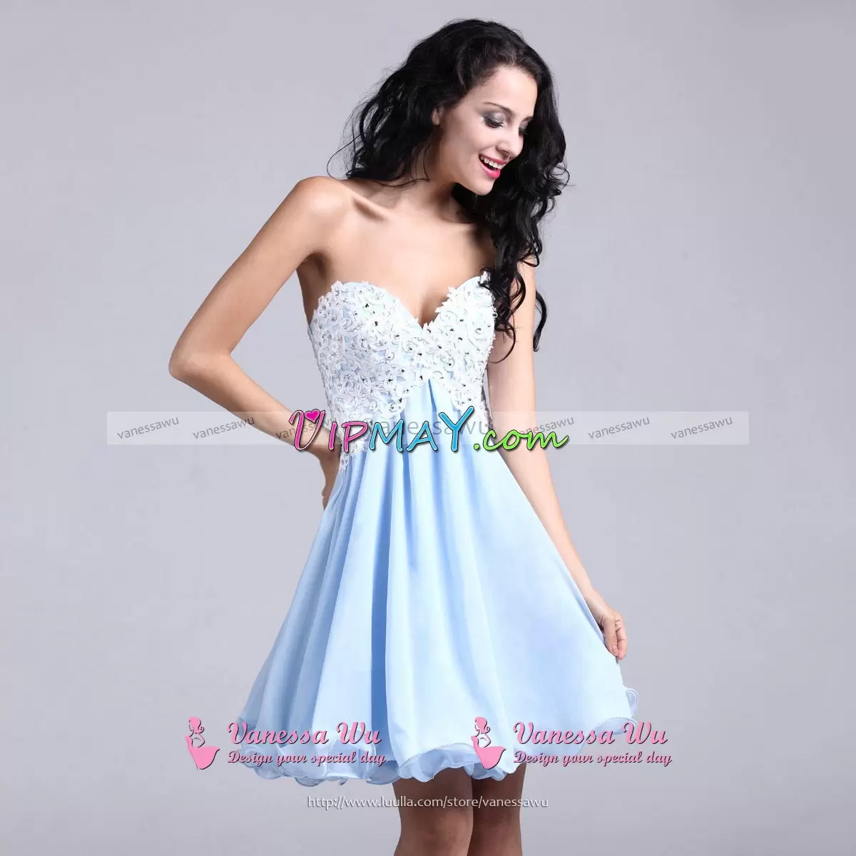 Beauteous Light Blue Sleeveless Mini Length Beading and Appliques Lace Up Prom Dress Sweetheart