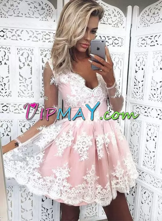 Pink Long Sleeves Mini Length Lace Zipper Prom Gown V-neck