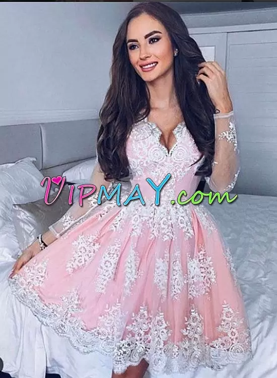 Pink Long Sleeves Mini Length Lace Zipper Prom Gown V-neck