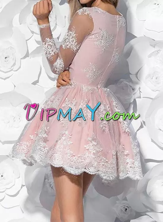 Pink Long Sleeves Mini Length Lace Zipper Prom Gown V-neck