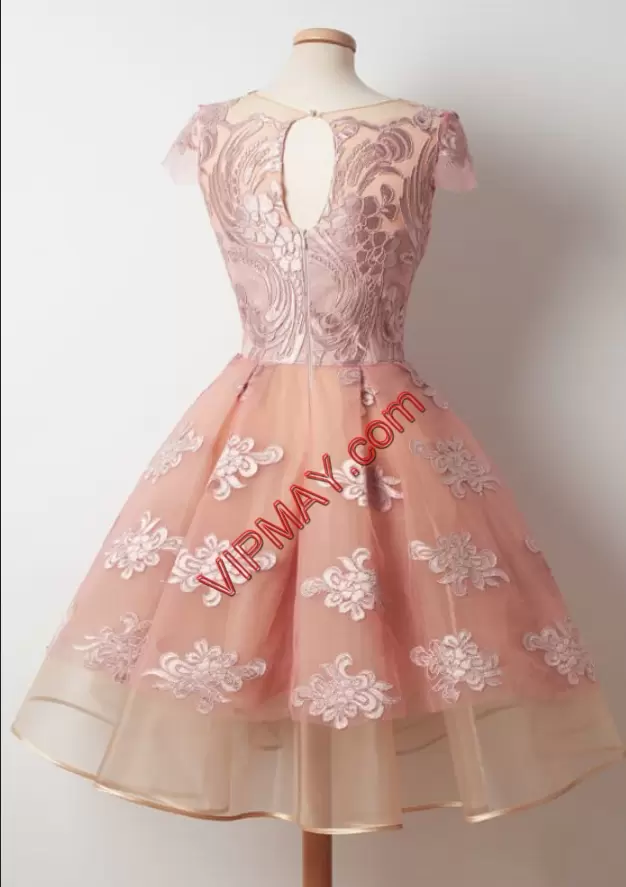 Extravagant Peach Ball Gowns Appliques Prom Dresses Zipper Organza Sleeveless Knee Length