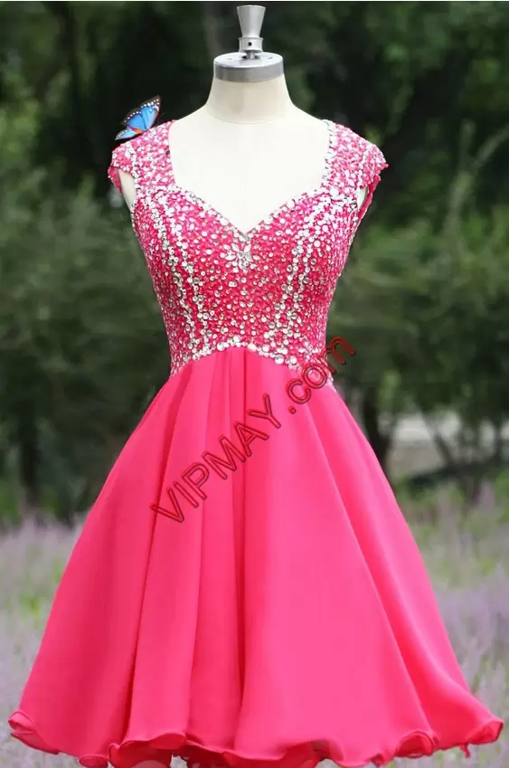 Chiffon Straps Cap Sleeves Backless Beading Prom Dresses in Hot Pink