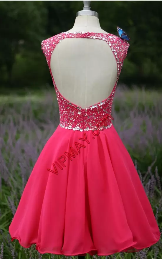 Chiffon Straps Cap Sleeves Backless Beading Prom Dresses in Hot Pink