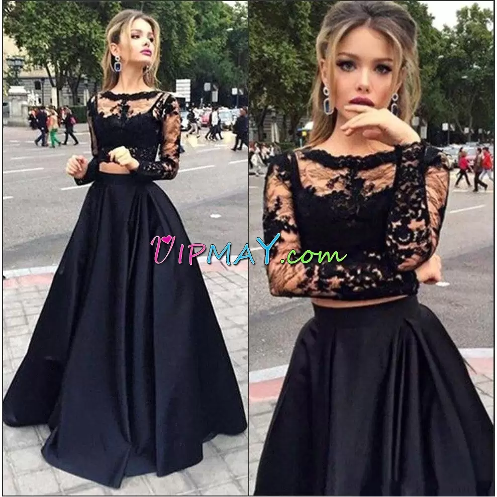 Enchanting Black Two Pieces Scoop Long Sleeves Satin Floor Length Lace Up Appliques Dress for Prom