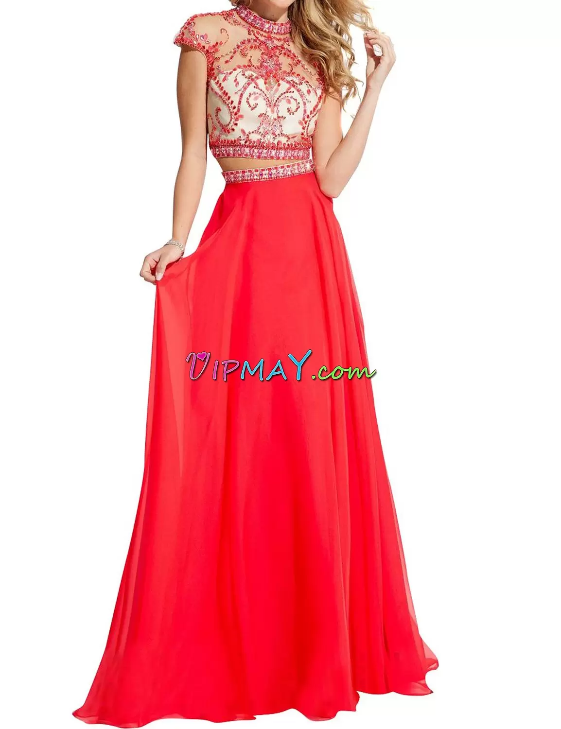 Red Side Zipper High-neck Beading Evening Dress Chiffon Cap Sleeves