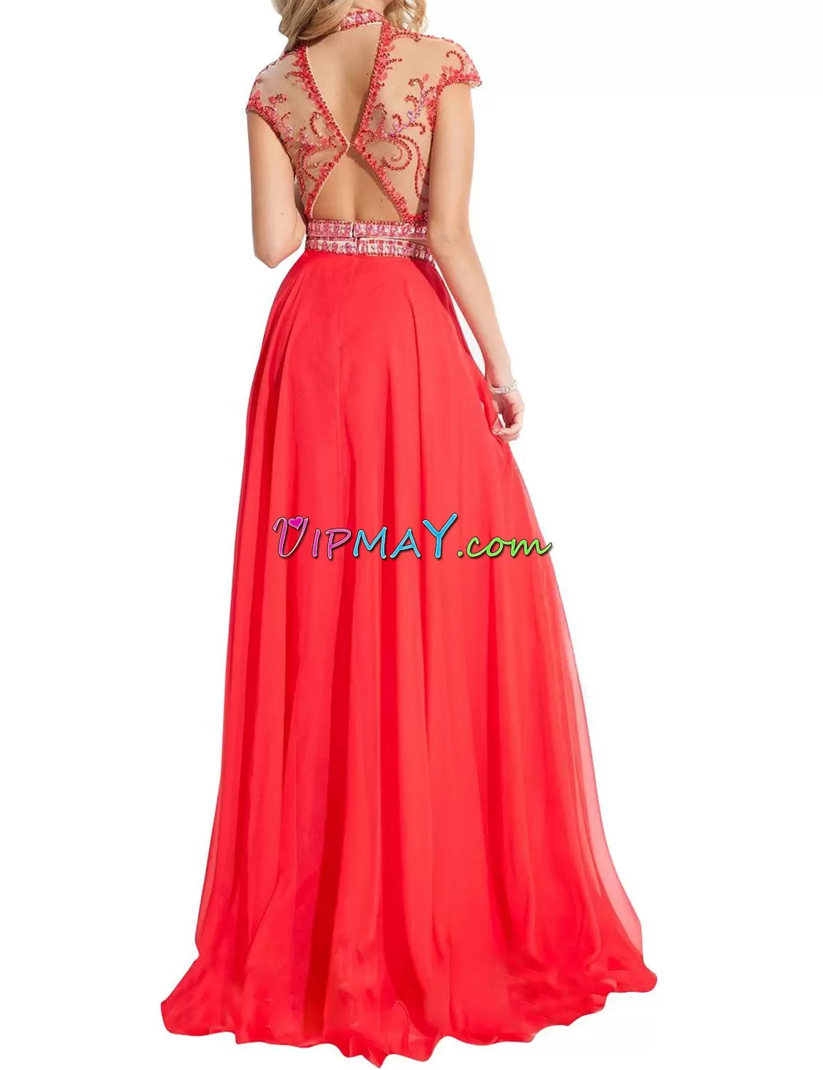 Red Side Zipper High-neck Beading Evening Dress Chiffon Cap Sleeves