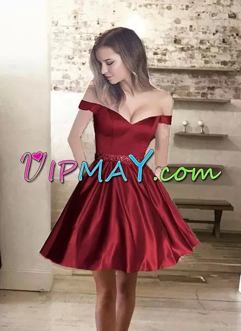 Wine Red Off The Shoulder Beading Hoco Dress Sleeveless