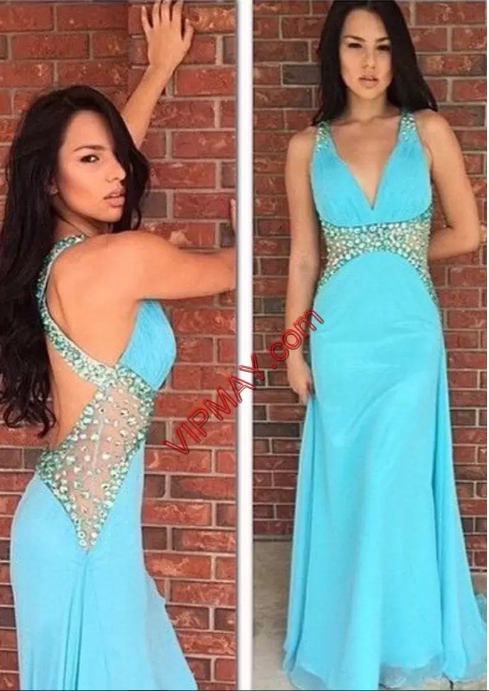 Simple Blue Column Sheath Beading Going Out Dresses Backless Chiffon Sleeveless Floor Length