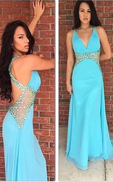 Simple Blue Column Sheath Beading Going Out Dresses Backless Chiffon Sleeveless Floor Length