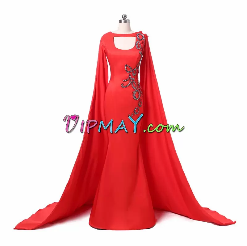 Fantastic Red Long Sleeves Beading Zipper Prom Party Dress Scoop