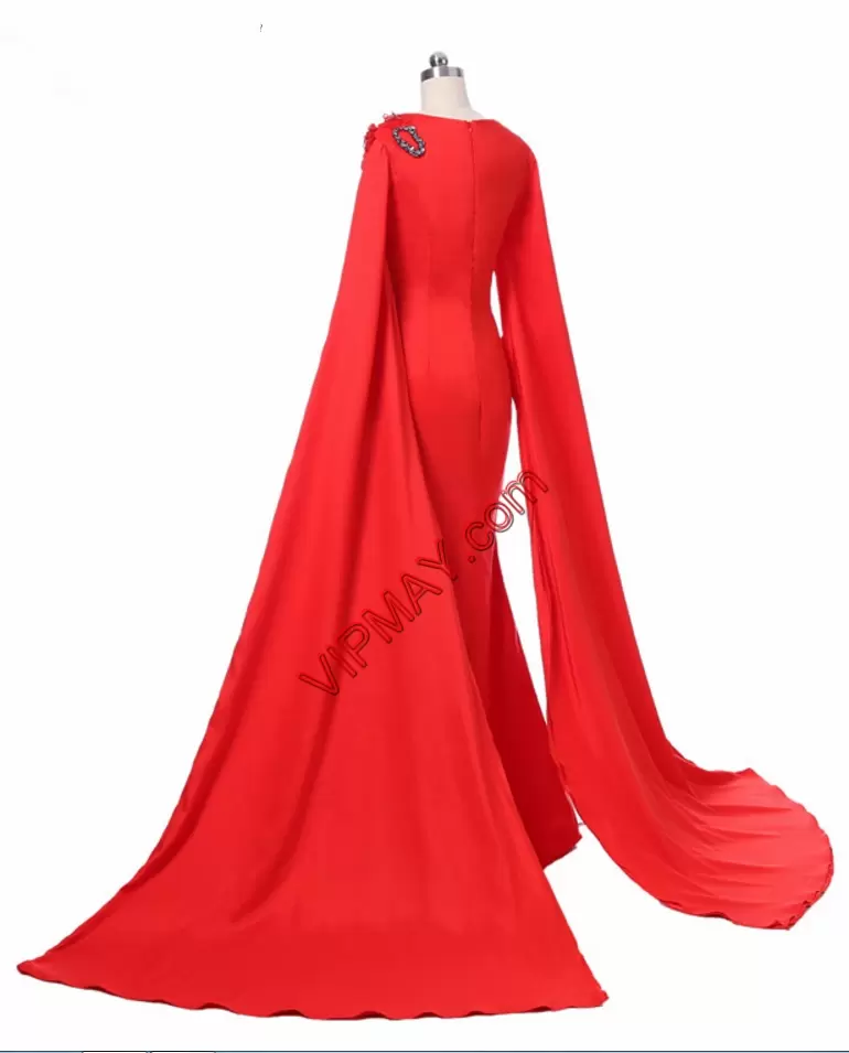 Fantastic Red Long Sleeves Beading Zipper Prom Party Dress Scoop