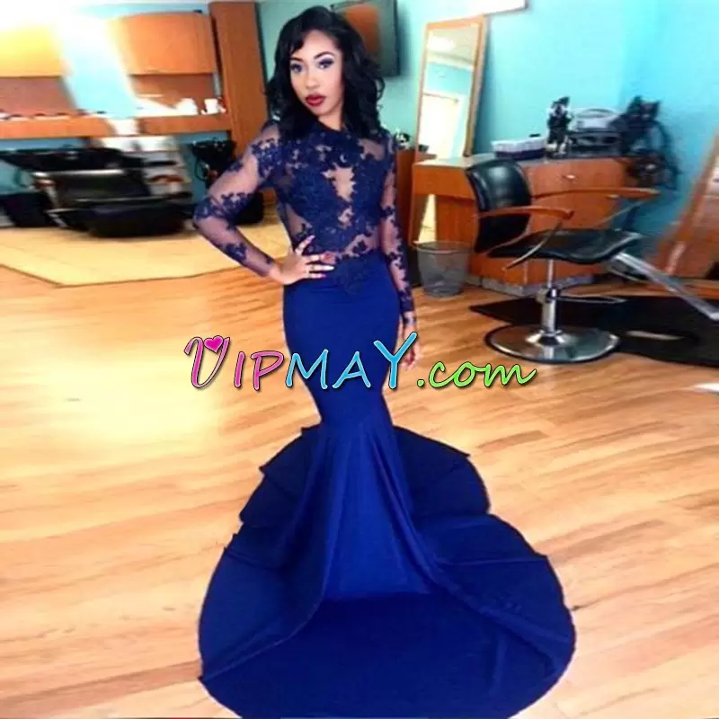 Romantic Scoop Long Sleeves Satin Prom Party Dress Lace Brush Train Lace Up