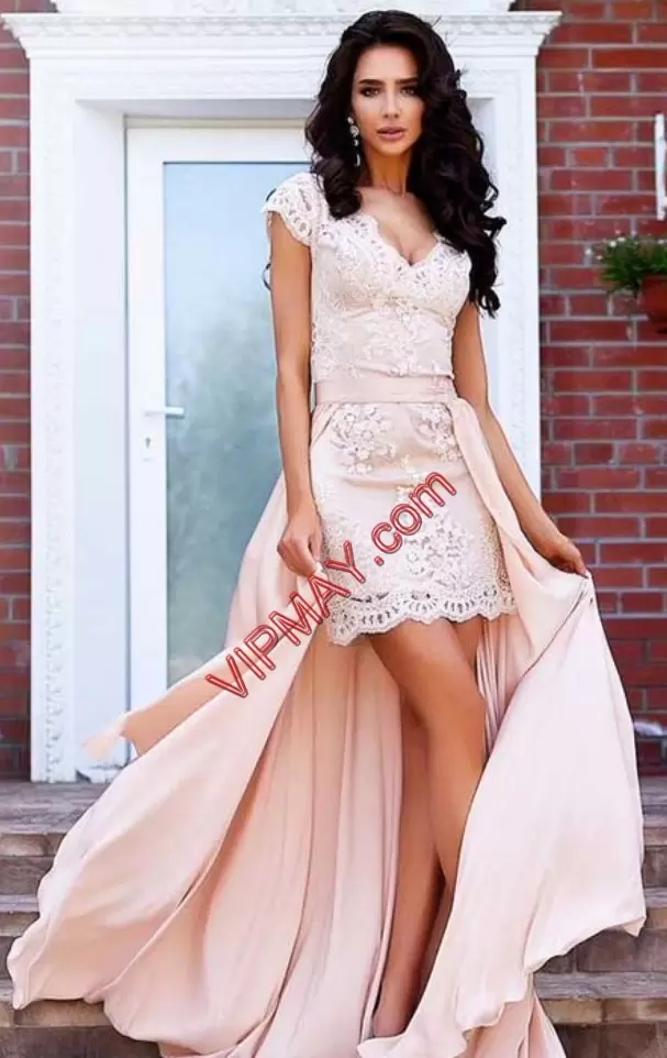 Cute Pink Prom Dress Appliques Cap Sleeves Floor Length