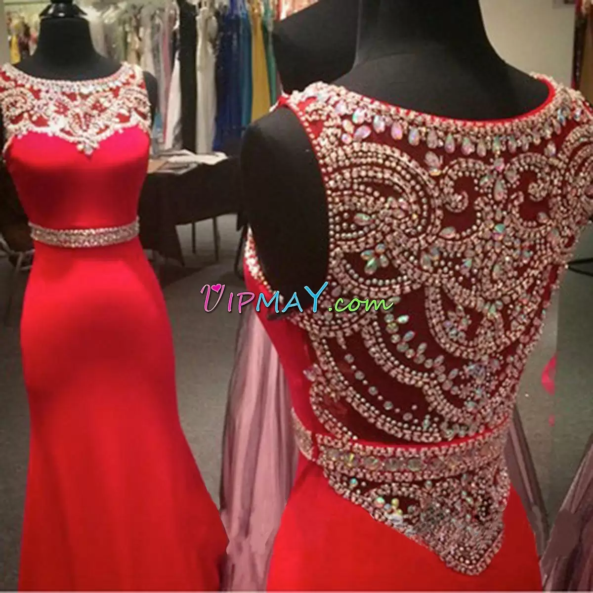 Satin Scoop Sleeveless Sweep Train Lace Up Beading and Lace Womens Evening Dresses in Red