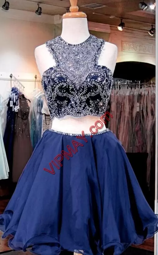 Modest Royal Blue Backless Homecoming Dress Beading Sleeveless Mini Length