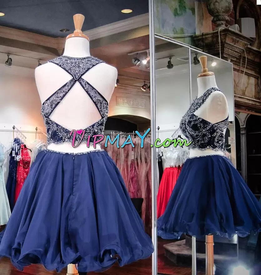 Modest Royal Blue Backless Homecoming Dress Beading Sleeveless Mini Length