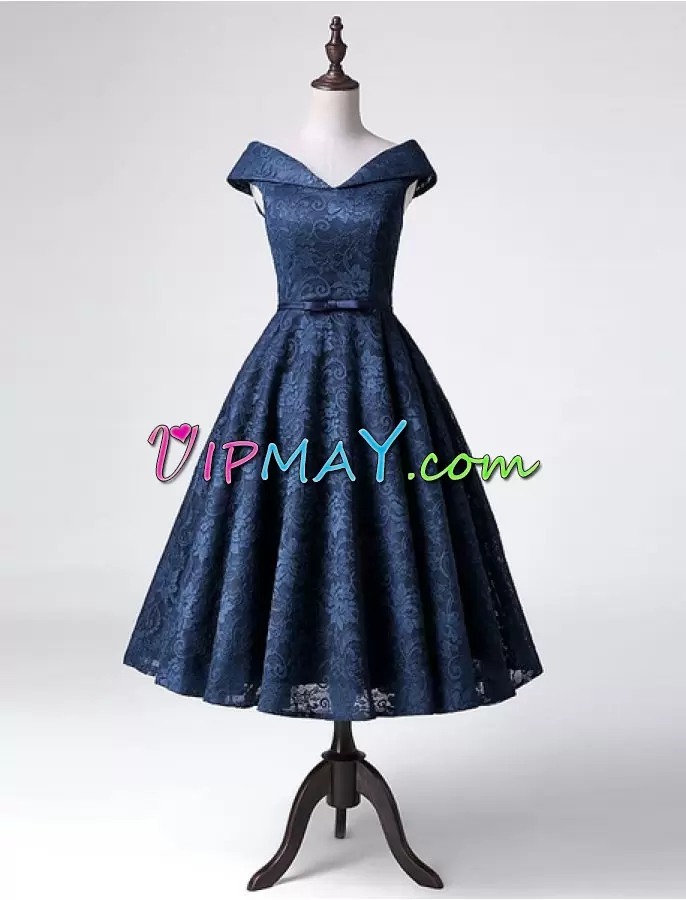 Fantastic Navy Blue Cap Sleeves Tea Length Lace Lace Up Prom Gown V-neck