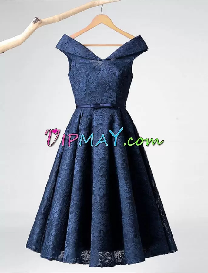 Fantastic Navy Blue Cap Sleeves Tea Length Lace Lace Up Prom Gown V-neck