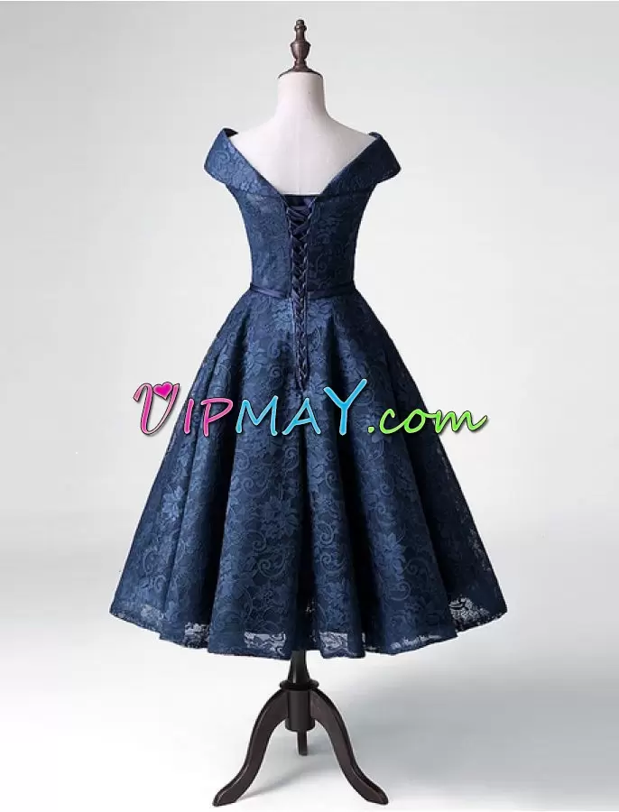 Fantastic Navy Blue Cap Sleeves Tea Length Lace Lace Up Prom Gown V-neck