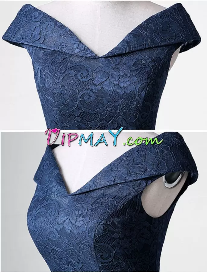 Fantastic Navy Blue Cap Sleeves Tea Length Lace Lace Up Prom Gown V-neck