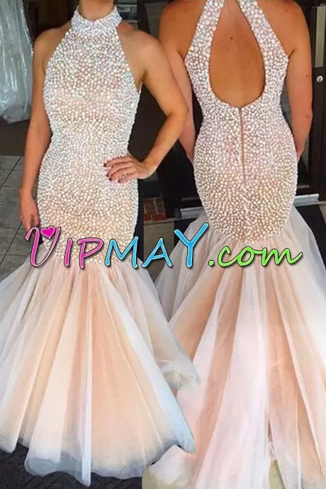 Best Tulle High-neck Sleeveless Backless Beading Prom Dresses in Pink and Pink And White