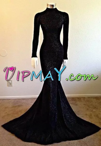 New Style Long Sleeves Sweep Train Lace Up Homecoming Dress in Black with Sequins