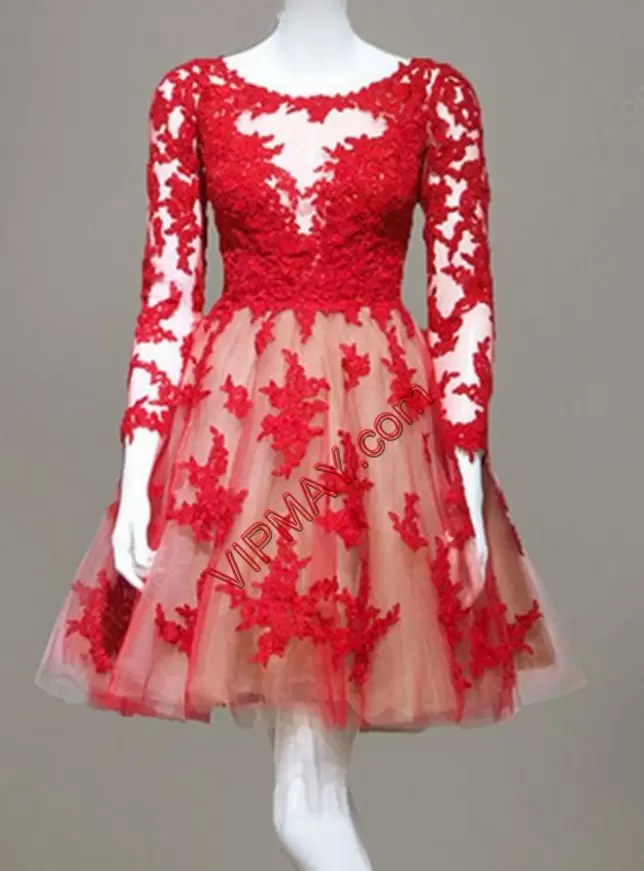 Red Lace Up Dress for Prom Appliques 3 4 Length Sleeve Mini Length