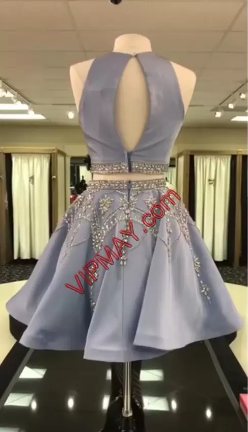 Blue Two Pieces Beading Evening Dress Backless Satin Sleeveless Mini Length