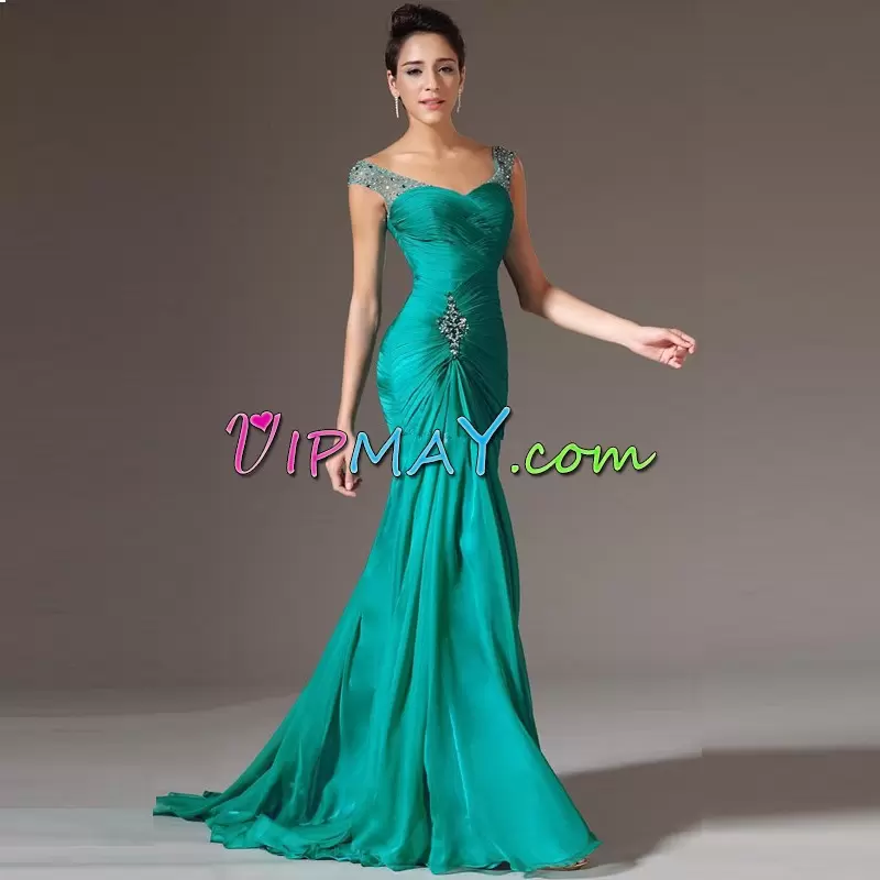 Trendy Chiffon Cap Sleeves Floor Length Hoco Dress Brush Train and Beading and Ruching