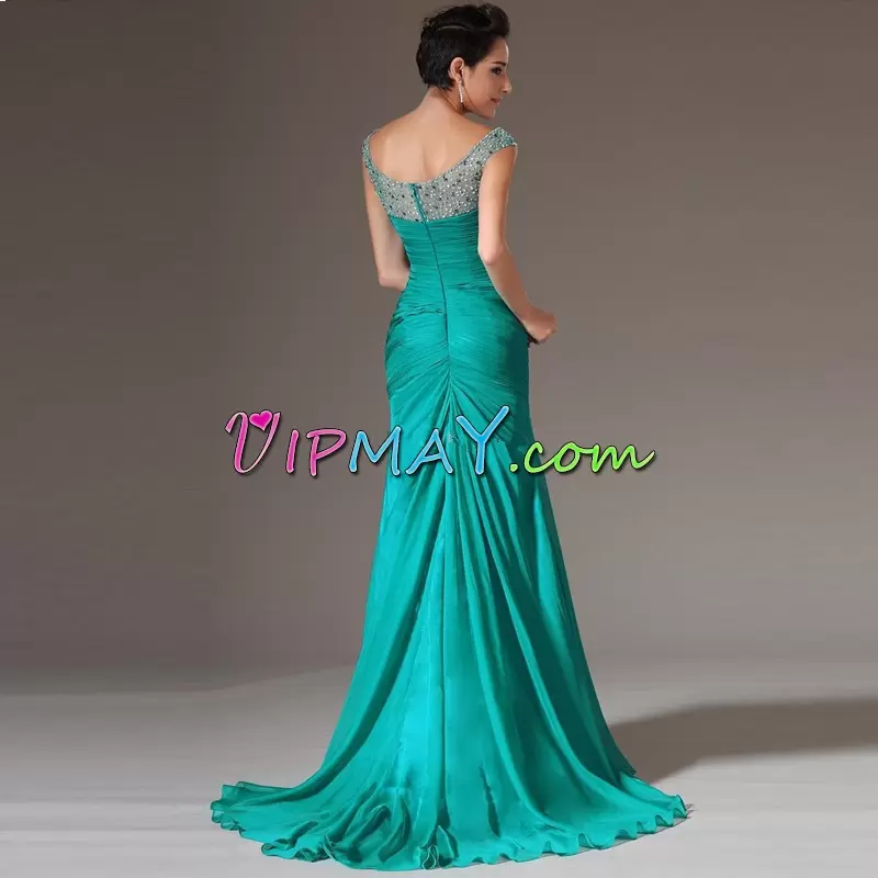 Trendy Chiffon Cap Sleeves Floor Length Hoco Dress Brush Train and Beading and Ruching