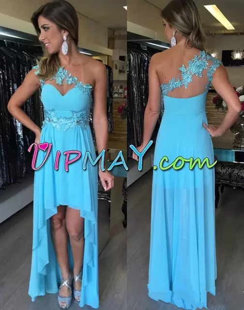 Superior Baby Blue Evening Dress Appliques Sleeveless High Low