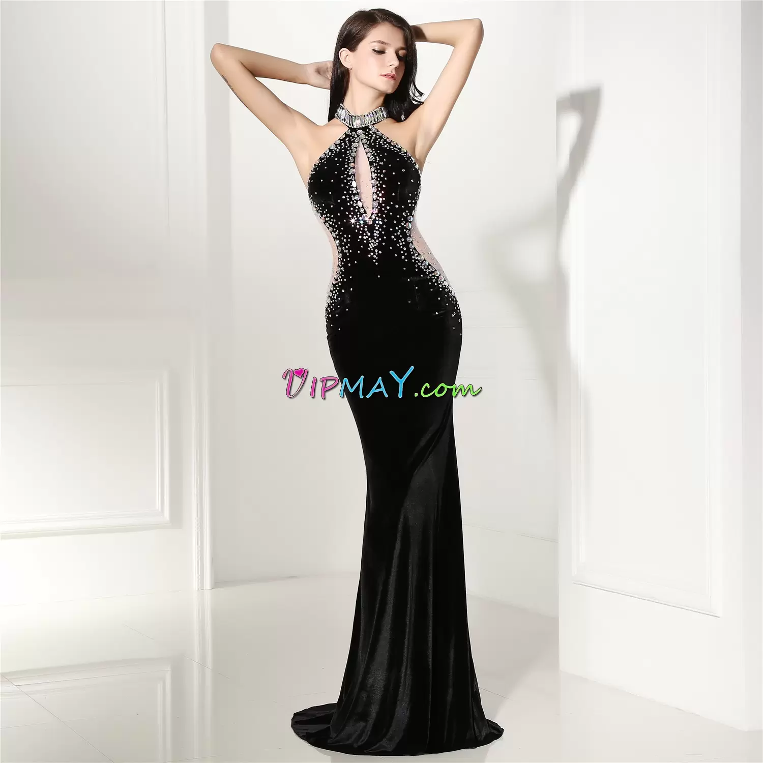 Black Prom Gown Prom and Party with Beading High-neck Sleeveless Sweep Train Backless