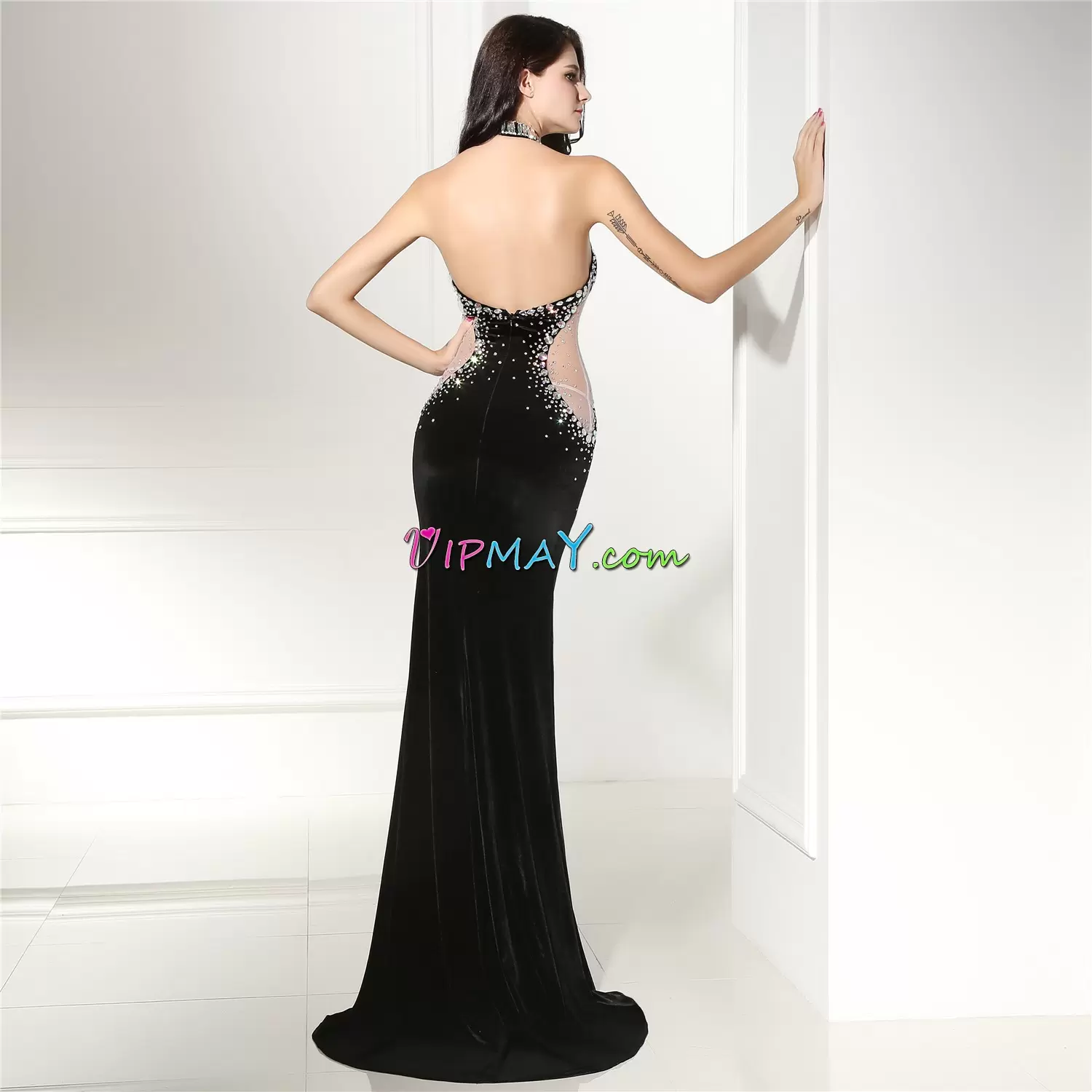 Black Prom Gown Prom and Party with Beading High-neck Sleeveless Sweep Train Backless