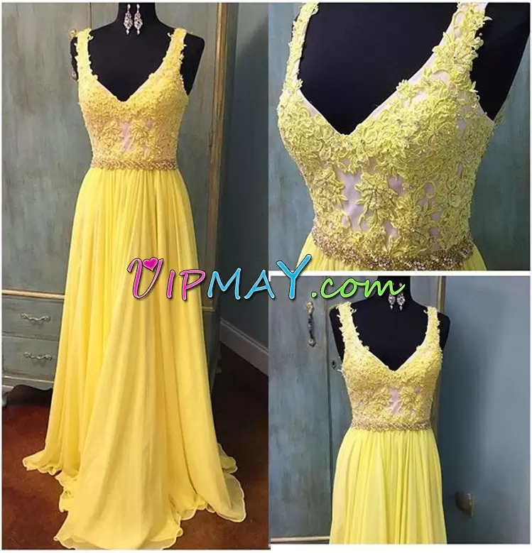 Sleeveless V-neck Sweep Train Lace Up Floor Length Beading and Lace Dress for Prom V-neck