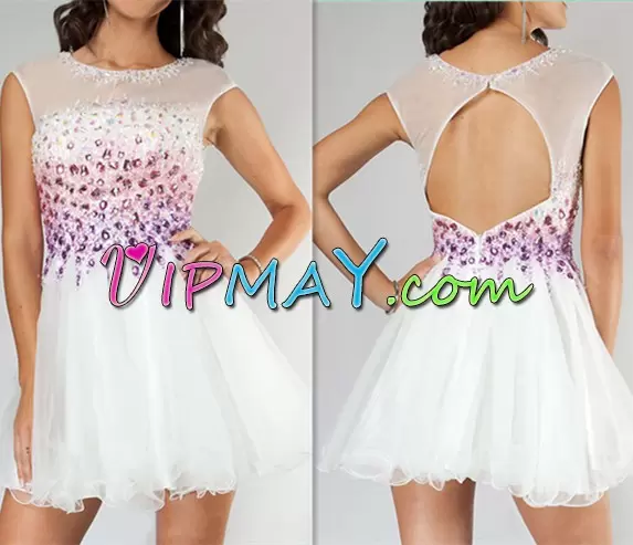 Custom Designed Mini Length Backless Prom Party Dress White for Prom and Party with Beading