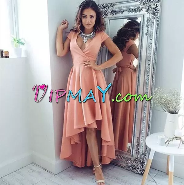 High Low Peach Prom Evening Gown V-neck Short Sleeves Lace Up