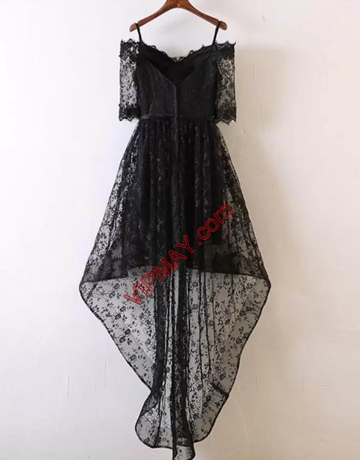 Fashionable Black Zipper Off The Shoulder Belt Homecoming Dress Lace Half Sleeves